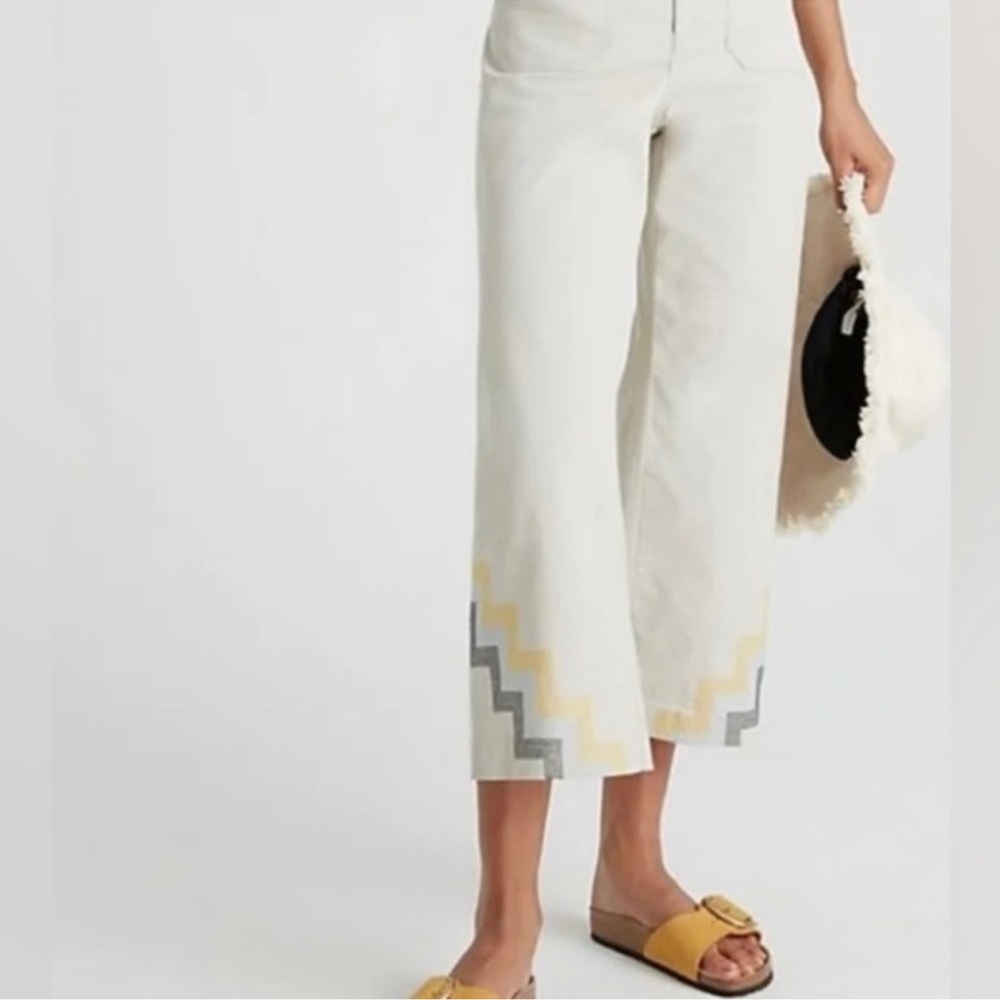 Maeve Cream Cropped Wide-Leg Jeans with Yellow & Gray Zigzag Hem